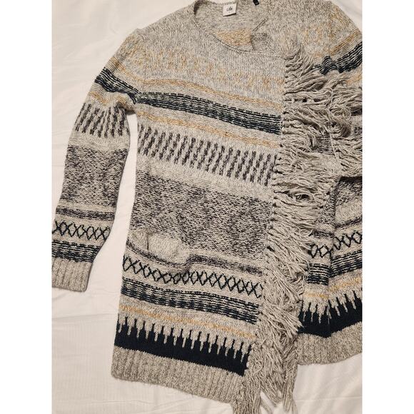 CABI Shetland Gray Green Geometric Fringe Hem Open Knit Cardigan Size Small - Picture 8 of 9